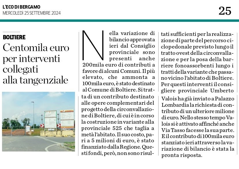 Boltiere - Centomilia Euro dalla Provincia di Bergamo